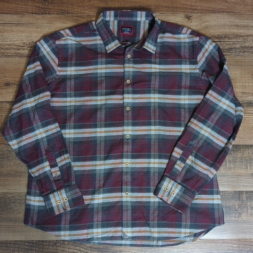 Untuckit Greyton Burgundy Gray Plaid Flannel Button Up Cotton XXL